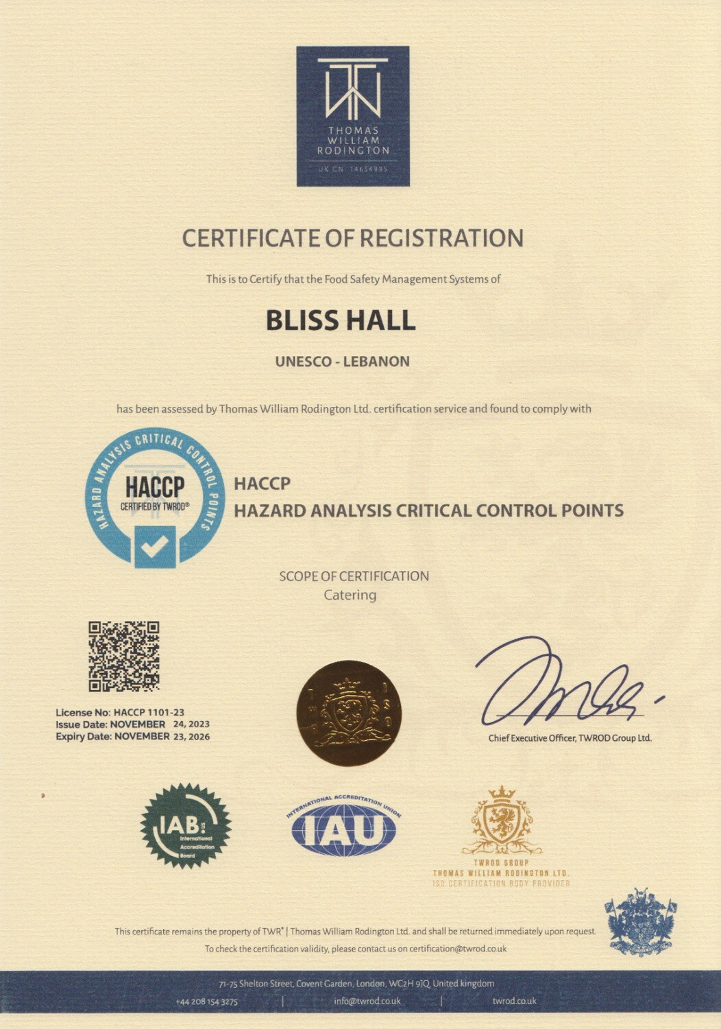 Bliss Hall HACCP